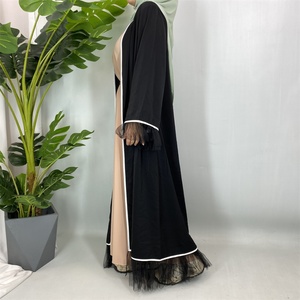 Trendy Black Open Abaya with <b>Lace</b> Sleeves Hem and <b>White</b> Contrast Edging Breathable Modest Dress for Summer 1466# - Product Image 2