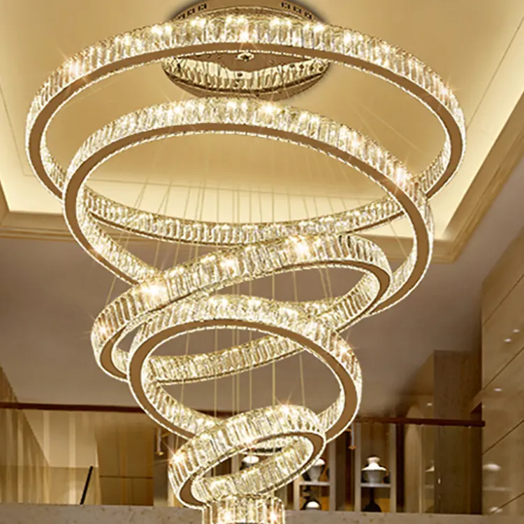 Modern Luxury Hotel Lobby Stairwell Stainless Steel Crystal High Ceiling Crystal Pendant Lighting Chandelier