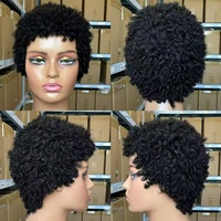 Perruque brésilienne sans colle, coupe pixie, boucles spirales, sans dentelle frontale, noir naturel, frange, entièrement fabriquée à la machine, perruque courte bob