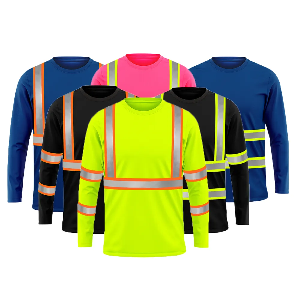Alta visibilidade Workwear verde manga comprida segurança manga comprida camisa com fitas reflexivas segurança camisa azul marinho