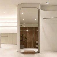 Miroir sur pied rectangulaire arrondi sans cadre avec base en bois pour chambre, salon, dressing, entrée - Vente en gros