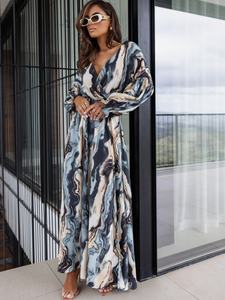 Automne nouveauté mode euro-américaine robe longue avec col en v imprimé taille élastique fente manches longues robes décontractées <span class=keywords><strong>AliExpress</strong></span> - Product Image 2