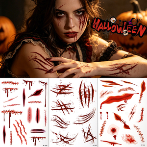 Autocollants de <span class=keywords><strong>tatouage</strong></span> de sang Halloween phosphorescents, imperméables, 3D, pour le corps et le visage, effet cicatrice, plaie, sanglant et effrayant - Product Image 6