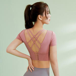 Gilet de yoga à manches courtes pour femmes haut de fitness avec gilet de course de style imprimé nombril exposé - Product Image 4