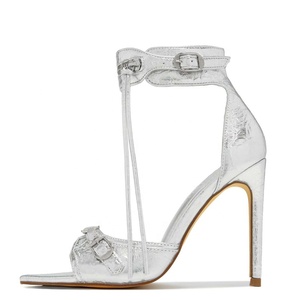 Hot Silver Metal Ornament Denim Sandals Women Ankle Strap Zipper <b>Shoes</b> High Heels Stiletto Open Pointed Toe Custom <b>Shoe</b> - Product Image 6