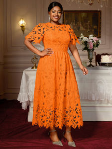 Am050656 thanh lịch O cổ phồng tay áo Rỗng ra Ren Một dòng cao Eo Cam maxi chính thức của phụ nữ ăn mặc giản dị - Product Image 2