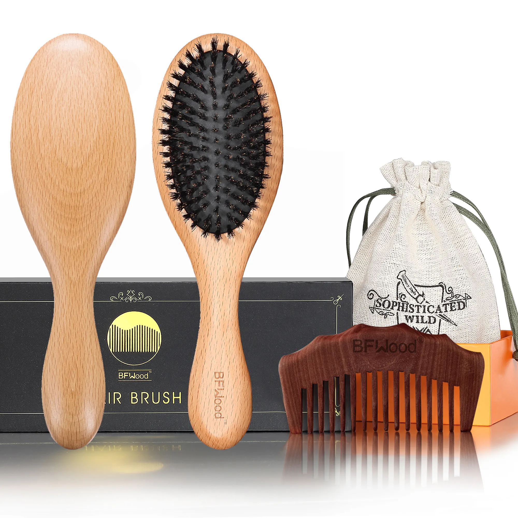 Bestseller New Style Lang griff Buche Holz Haar bürste mit Kamm 100% Eber Borsten Männer Holz Haar bürste Sets