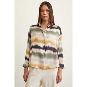 Camisa de Satén con Estampado de Acuarela para Mujer, Blusa Casual con Botones para Uso Diario, Color Caqui - Product Image 5