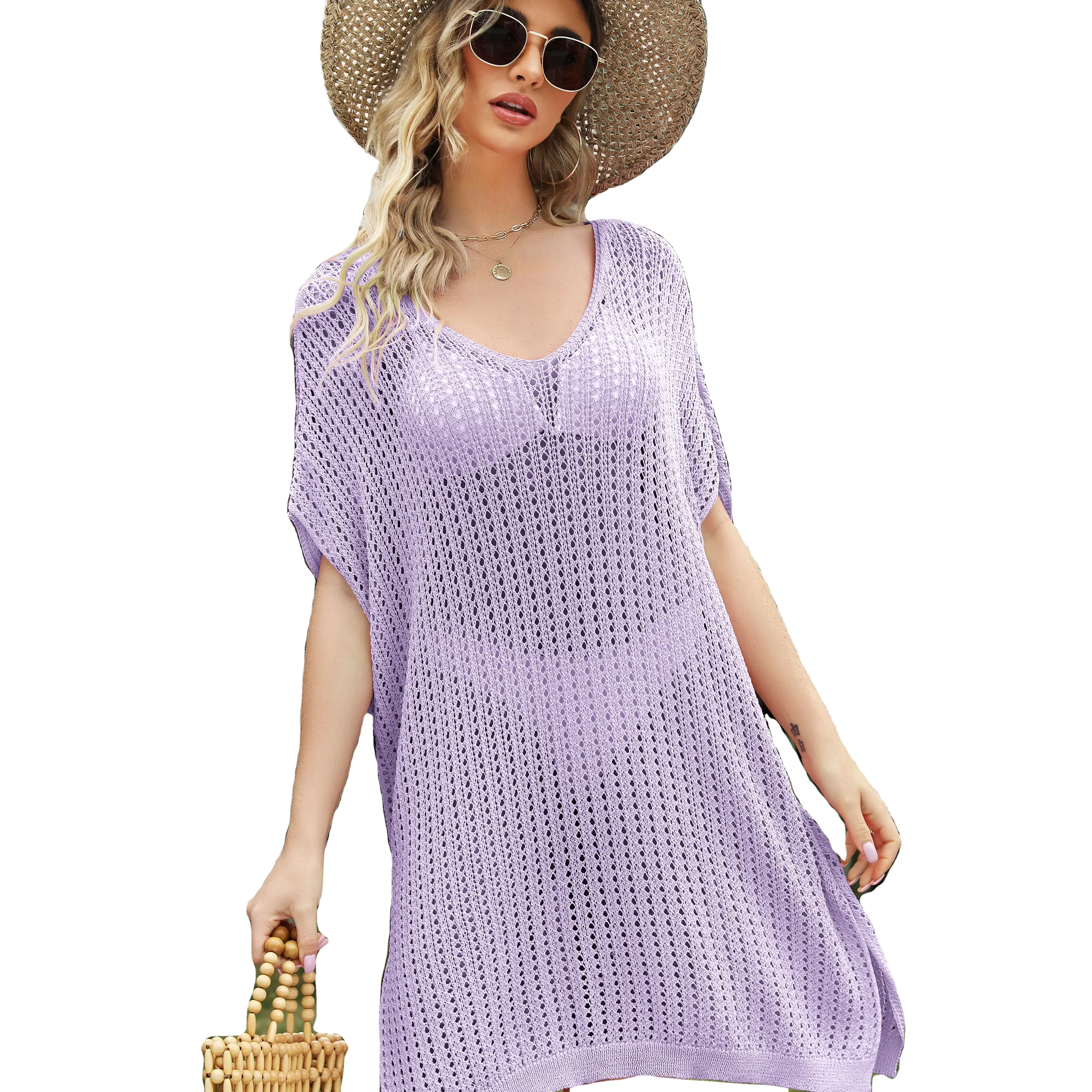 אופנה חדשה אביב קיץ חופשת נשים רופף חוף שסע עיצוב שמלת גודל גדול כיסוי חלול נשים סרוג