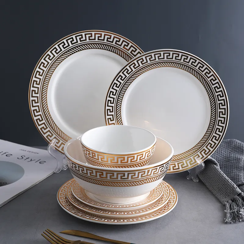 Luxury Dining Plates Ceramic Dinnerware Set Marbling Plates And Bowls Ceramic Plates Dinner Ware With Gold Rim