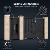 Portail coulissant en aluminium 6063-T5 avec colonnes en pierre empilées, motif feuille de palmier, noir mat, entrée de villa