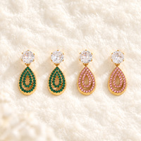 Boucles d'oreilles pendantes Novirassine de luxe en zircon rose et vert, en acier inoxydable plaqué or 18 carats pour femme, ensemble de bijoux tendance en forme de goutte pavée