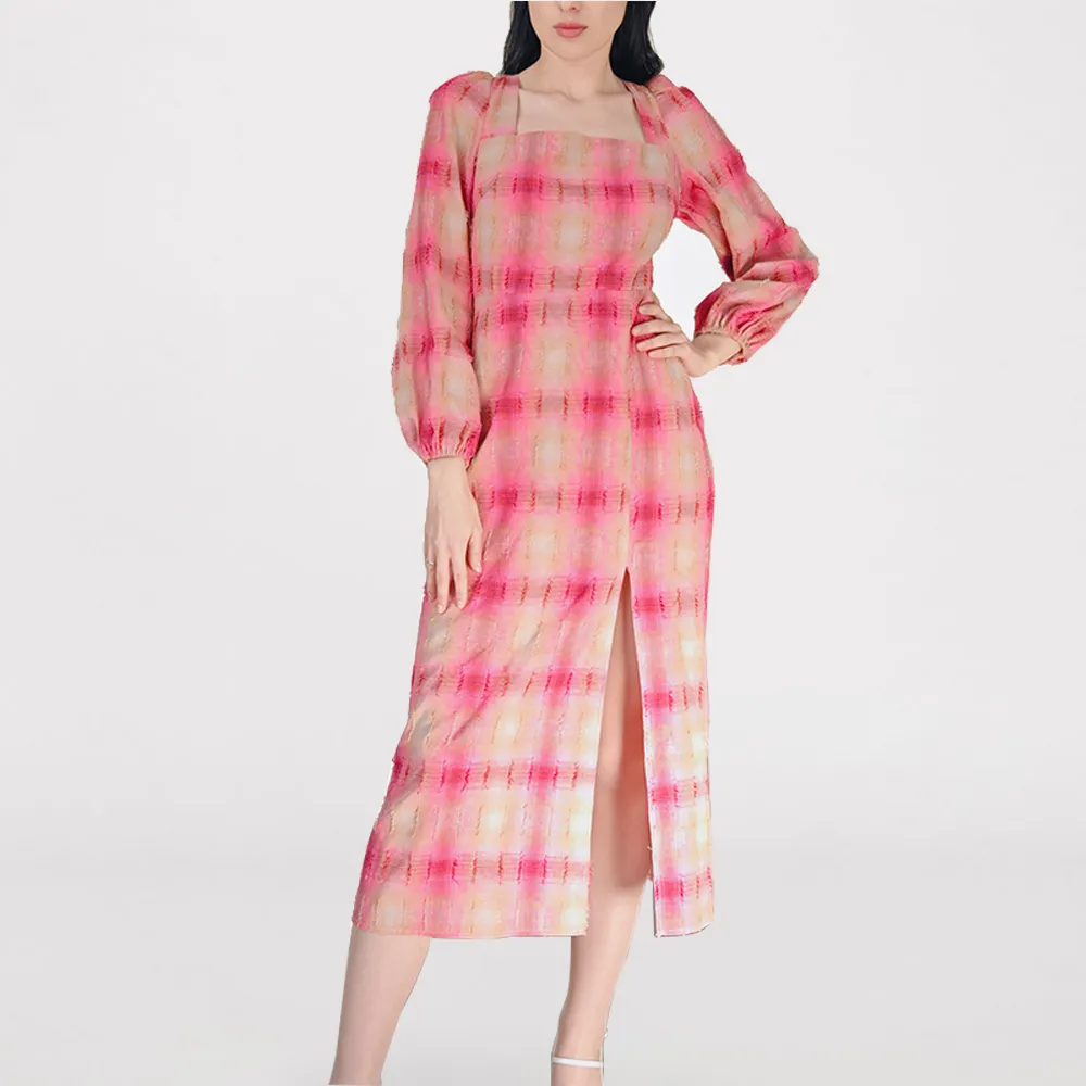 Custom 2024 new styles boho red check mini long casual dress modest long sleeve summer elegant retro bandage cottagecore dresses