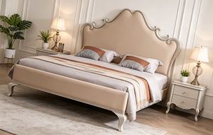 Premium Queen Size <b>Bed</b> With Beige Leather Scalloped Scroll Carved Upholstered Headboard For French Country Bedroom - Product Image 6