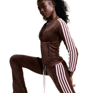 KY <strong>Women's</strong> <strong>Velvet</strong> Fabric Two-Piece Set Stand Collar Zipper <strong>Jacket</strong> and Pants Two-Piece Set with Striped Decoration - Product Image 2