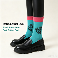 Chaussettes en coton jacquard vintage unisexes à motif rose, chaussettes décontractées rétro à blocs de couleur, logo personnalisé OEM