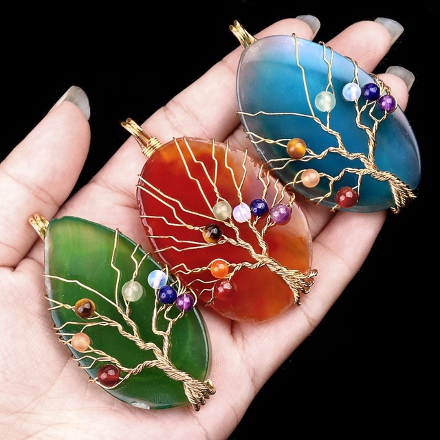 Wholesale Colorful Agate Slice7Chakra Stones Beads Tree Life Charm Pendant Brass Wire Wrapped Natural Semi-Precious Stone Crafts