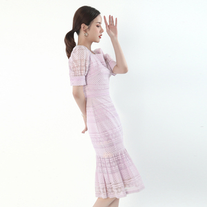 De moda de verano casual de bordado de tela de encaje Vestido de manga corta con volantes vestido de vestidos de las mujeres - Product Image 2