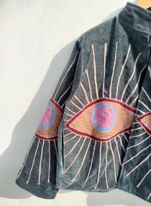 <b>Velvet</b> Embroidered Eye Pattern Suzani <b>Jacket</b> <b>Women</b> Open Front Three Quarter Sleeve Autumn Short Outerwear Hand Embroidery Design - Product Image 6