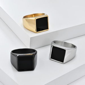 Men's Geometric Square <b>Titanium</b> Steel <b>Ring</b> Gold Silver Black Color Bezel Setting Fashion Jewelry Gift Accessory - Product Image 1