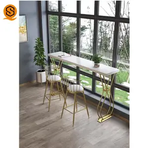 modern gold metal tall home dinning table set dining room furniture white marble mini bar table