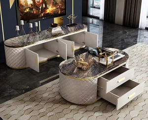 Ensemble <span class=keywords><strong>table</strong></span> TV postmoderne avec dessus en marbre pour hôtel, design italien, <span class=keywords><strong>table</strong></span> basse haute brillance et meuble TV en cuir pour le salon - Product Image 2