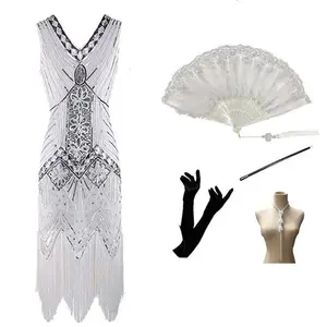 1920s Flapper Dress Great Gatsby Party Evening Sequins Fringed Dresses Gown Dress with 20s Accessories Set