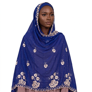 Wholesale Chiffon <b>Shawl</b> Cream Applique Rose Border Leaf Spray Scalloped Edge Royal Blue OEM ODM Custom - Product Image 1