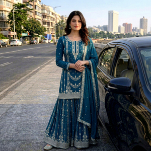 Ensemble Kurti Gharara bleu paon ajouré de créateur, style boutique pakistanais, pour la fête de l'Aïd - Product Image 1