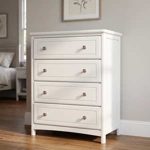 Commode classique européenne à 4 tiroirs en bois – Meuble de rangement spacieux en Radiata et MDF avec poignées robustes en alliage, blanc/noir - Product Image 6