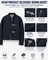 MENGTU Veste en jean selvedge vintage tissée sur mesure pour homme, automne, épaisse, avec boutons de pompier, fermeture éclair et crochet de pont