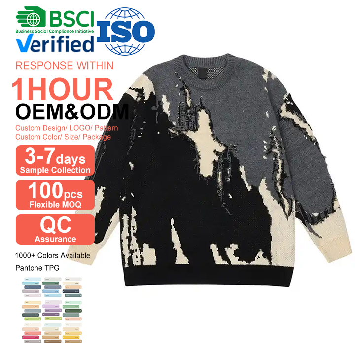 2023 Custom Knit Sweater Men Distressed Jacquard Knitted Sweater Jumper Winter Men Clothes Knitwear Custom Knit Sweater