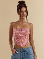 Tenue de soirée romantique pour les vacances, rose sexy, avec fleurs 3D, haut tube sans bretelles, coupe ajustée, corset bustier, crop top pour femmes