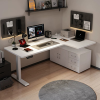 Bureau électrique en L blanc avec tiroir de rangement pour ordinateur et documents, idéal pour le télétravail