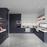 Armoires de cuisine modulaires en stratifié et résine, modernes, bleues, RTA (prêtes à assembler), en vente en gros