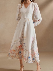 <span class=keywords><strong>Abito</strong></span> Lungo Vintage Europeo con Stampa <span class=keywords><strong>Floreale</strong></span>, Scollo a V, Linea ad A, Vestito Casual Estivo da Donna per Feste - Product Image 1