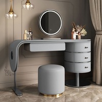 Table de maquillage moderne en bois bleu pour femmes avec miroir éclairé par LED, 4 tiroirs réglables, idéale pour la chambre à coucher ou l'appartement