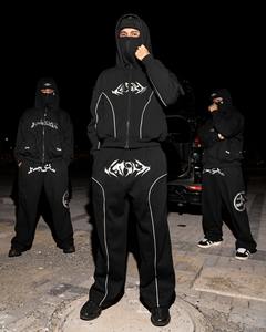 Ensemble de survêtement <span class=keywords><strong>Ninja</strong></span> avec capuchon personnalisé, sweat-shirt streetwear noir uni, lourd, fermeture éclair, 300GSM pour hommes - Product Image 1