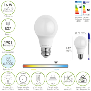 Lampadina LED standard E27 a innesto. 16 Watt. Equivalente a 130 Watt. 1901 Lumen. Bianco Freddo 6500K. - Product Image 1