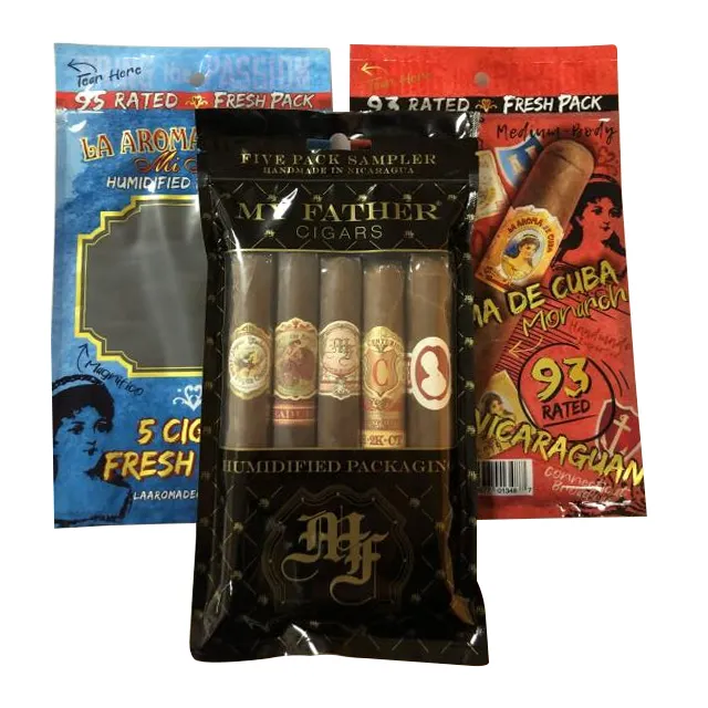 Упаковочные пакеты для сигар с принтом на заказ, увлажненные пластиковые пакеты для сигар с увлажняющим слоем
