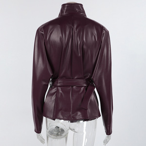 <strong>Women</strong> Fashion PU <strong>Leather</strong> Jacket Oversized <strong>Blazer</strong> Belted Funnel Neck Puff Sleeve Peplum Hem <strong>Faux</strong> <strong>Leather</strong> Coat Winter Street Style - Product Image 5