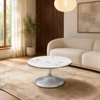 Table basse moderne avec plateau rond en marbre blanc, piétement tulipe en feuille d'argent et base en fibre de verre pour salon, personnalisable