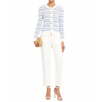 Cardigan en tricot rayé 100 % coton pour femme, style chic français, col rond, boutonné, 12GG, pull d'automne, vente en gros sur mesure