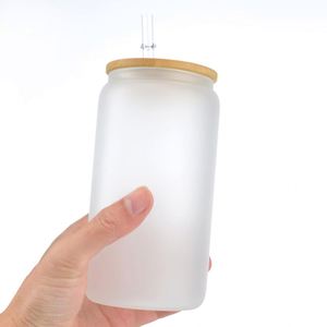 Vaso de Vidrio Transparente Esmerilado de 16 oz, Estilo Americano, Libre de BPA, para Sublimación, Paquete de 25/50, con Tapa de Bambú, Reutilizable - Product Image 4