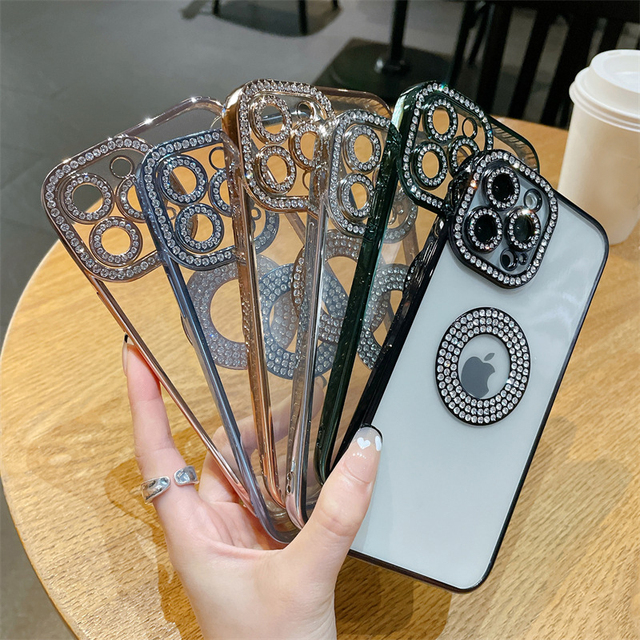 Luxury Clear Plating Glitter Diamond Soft TPU Phone Case for iPhone 11 12 13 14 Plus Hollow Out Rhinestone Mobile Phone Cover