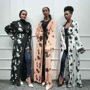 Groothandel geborduurde chiffon moslim vrouwen jurk kimono vesten abaya