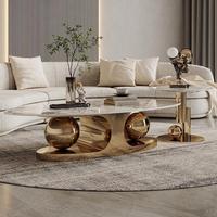 Table Basse Ovale de Luxe Design Moderne avec Plateau en Pierre Ardoise Blanche, Grande Table de Salon en Marbre Doré pour Mobilier de Maison
