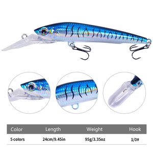 Leurre de pêche Minnow lourd 24cm 95g, corps laser, appât artificiel dur avec hameçon 1/0 #   Hameçons tranchants pour la pêche à la traîne en mer du thon en eau salée - Product Image 3