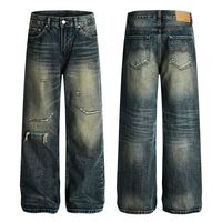 Jeans larges vintage personnalisés pour hommes, effet vieilli, avec patchs, en denim de coton épais, vente en gros, OEM ODM, marque privée
