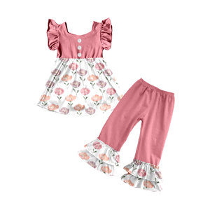 Conjunto de 2 Piezas para Niñas Milk Silk, Blusa con Mangas con Volantes + Pantalones Acampanados con Doble Volante - Product Image 4